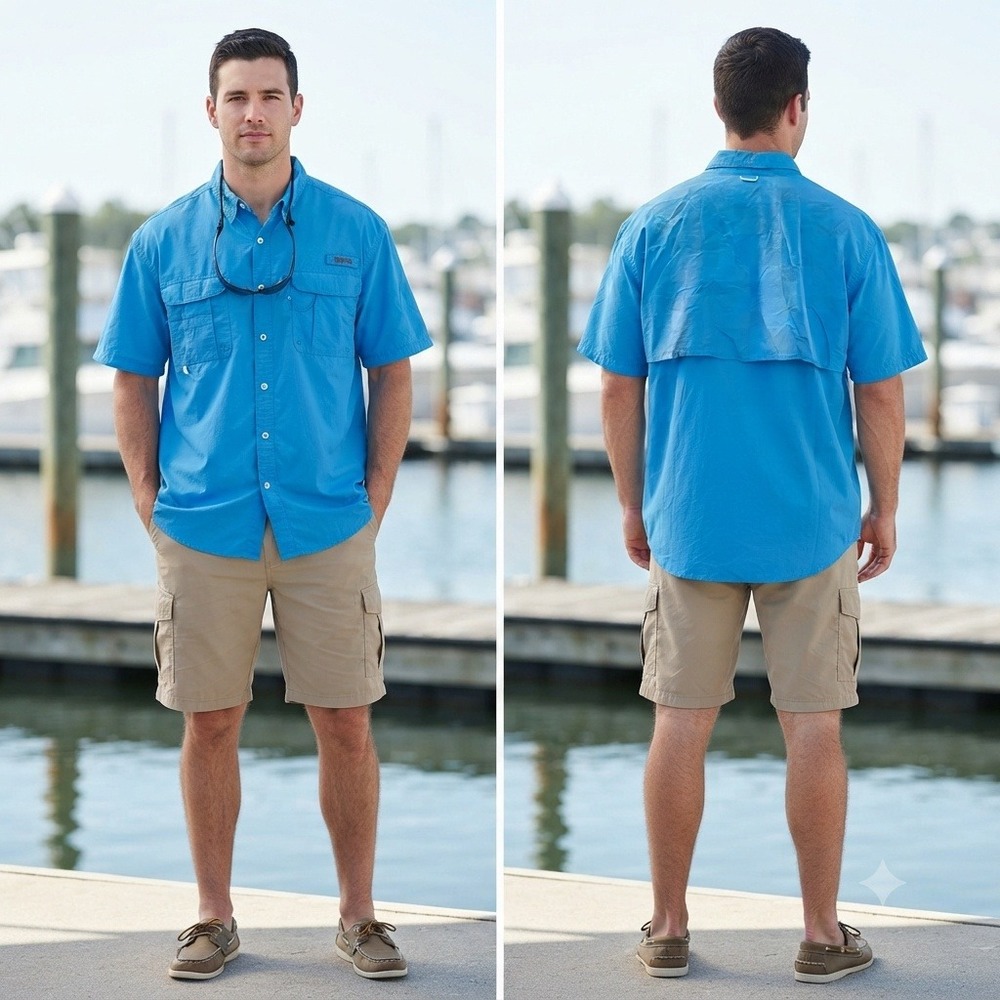 World Wide Sportsman Mens 3XL Blue Fishing Shirt Vented Short Sleeve Button Down